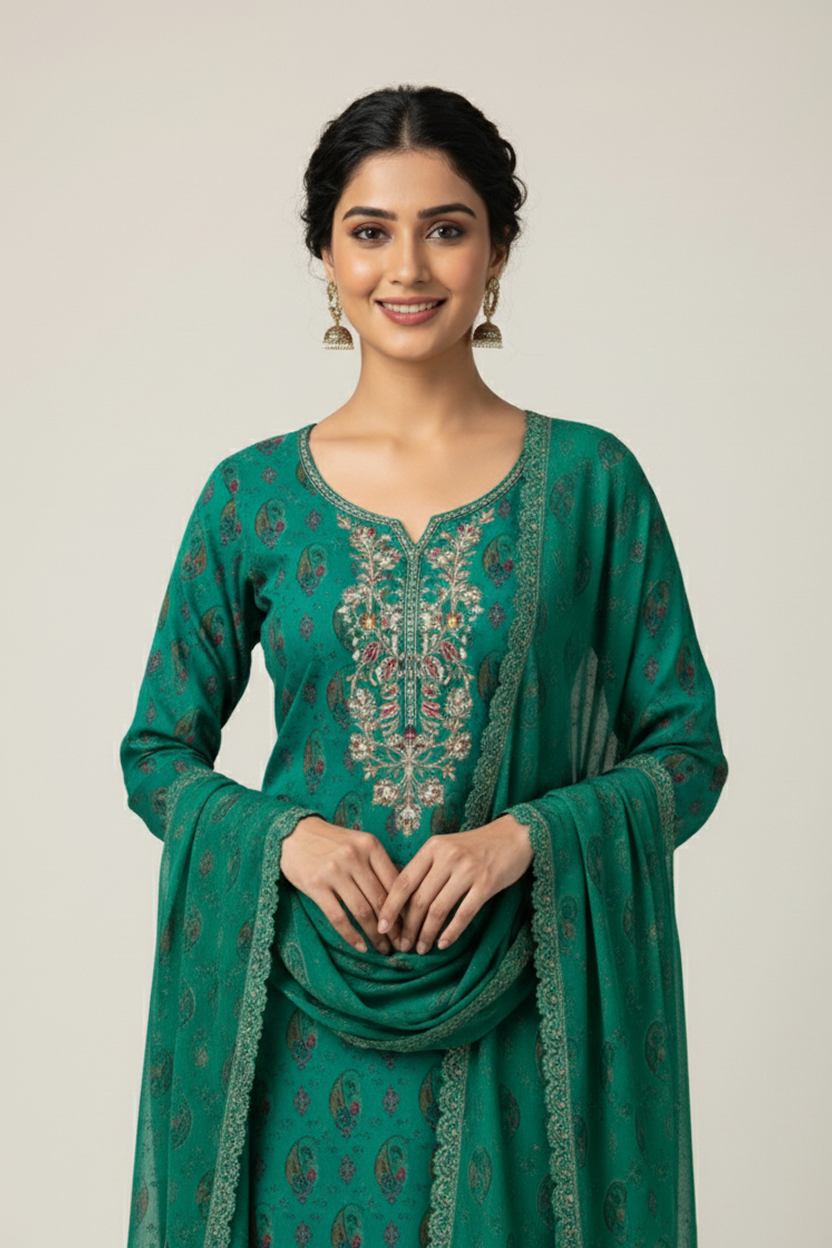 Rich Emerald Green Paisley Print Suit with Embroidered Neckline
