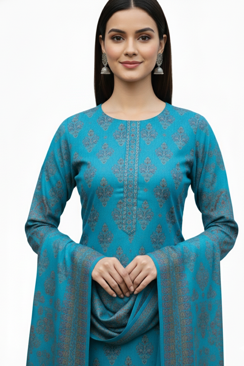 Vibrant Teal Blue Printed Suit with Ethnic Jaal Motif and Pashmina Style Dupatta