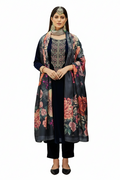 Luxury Navy Blue Velvet Suit with Heavy Multi-Color Digital Floral Print Shawl