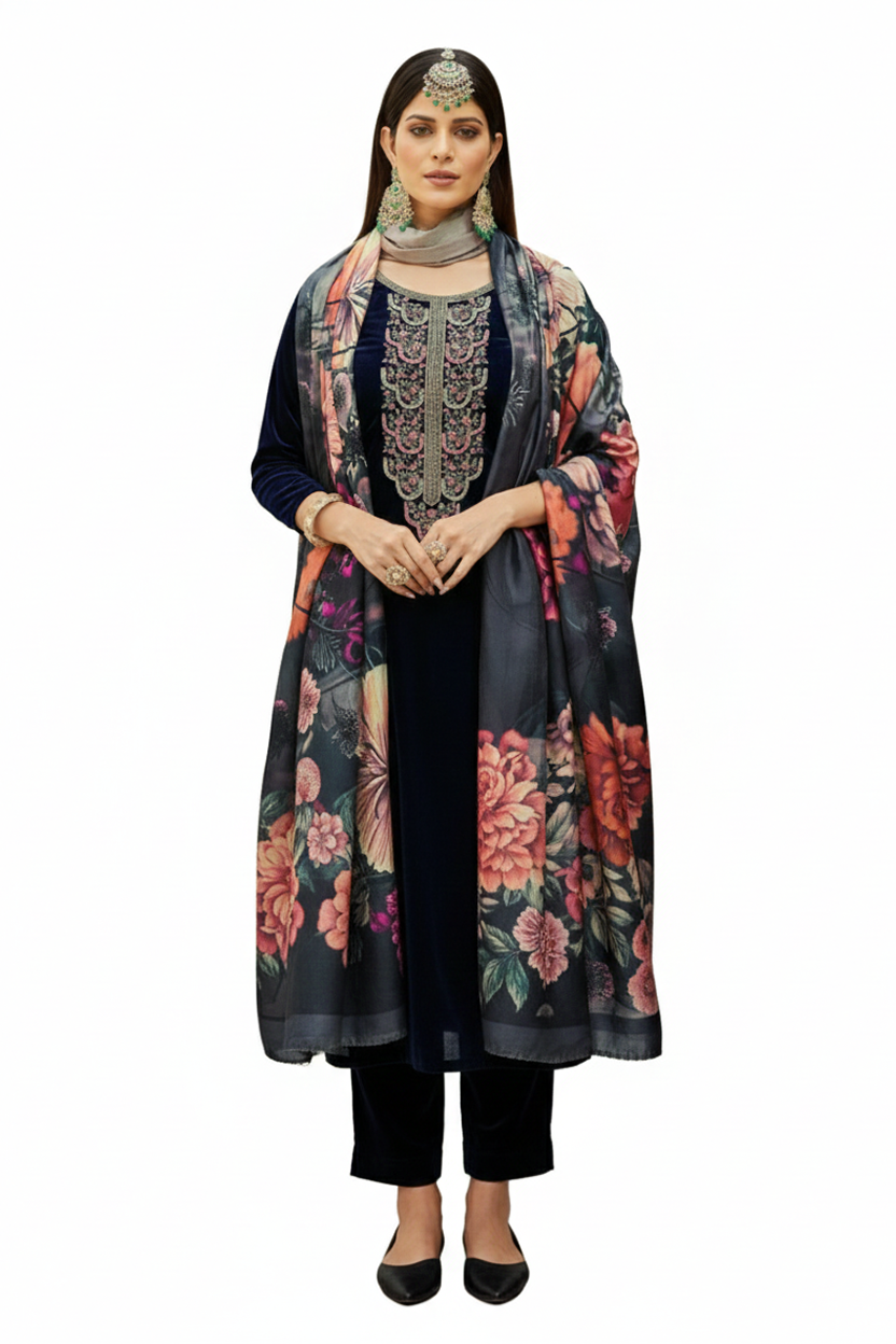Luxury Navy Blue Velvet Suit with Heavy Multi-Color Digital Floral Print Shawl