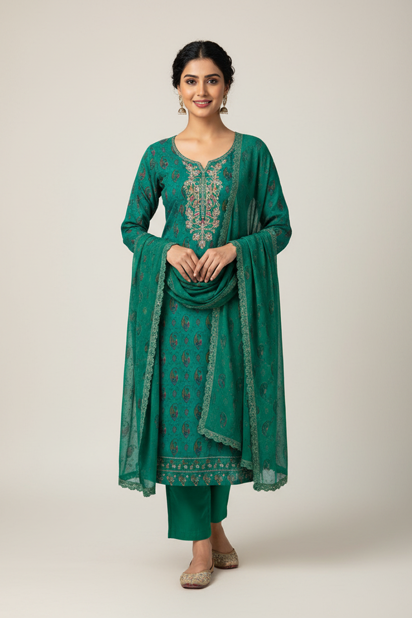 Rich Emerald Green Paisley Print Suit with Embroidered Neckline