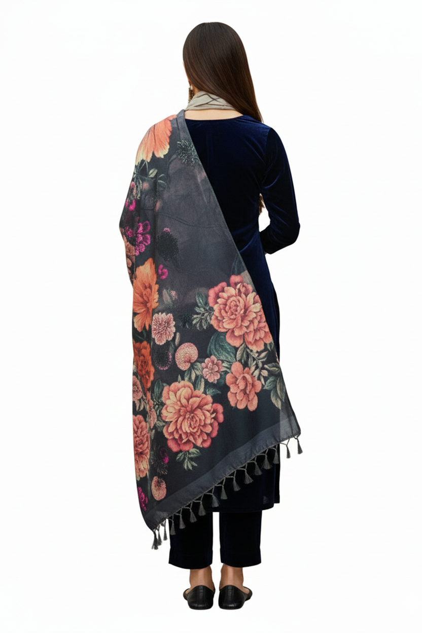 Luxury Navy Blue Velvet Suit with Heavy Multi-Color Digital Floral Print Shawl