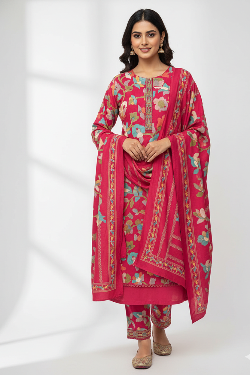 Vibrant Fuchsia Pink Multi-Color Floral Print Suit with Detailed Borders