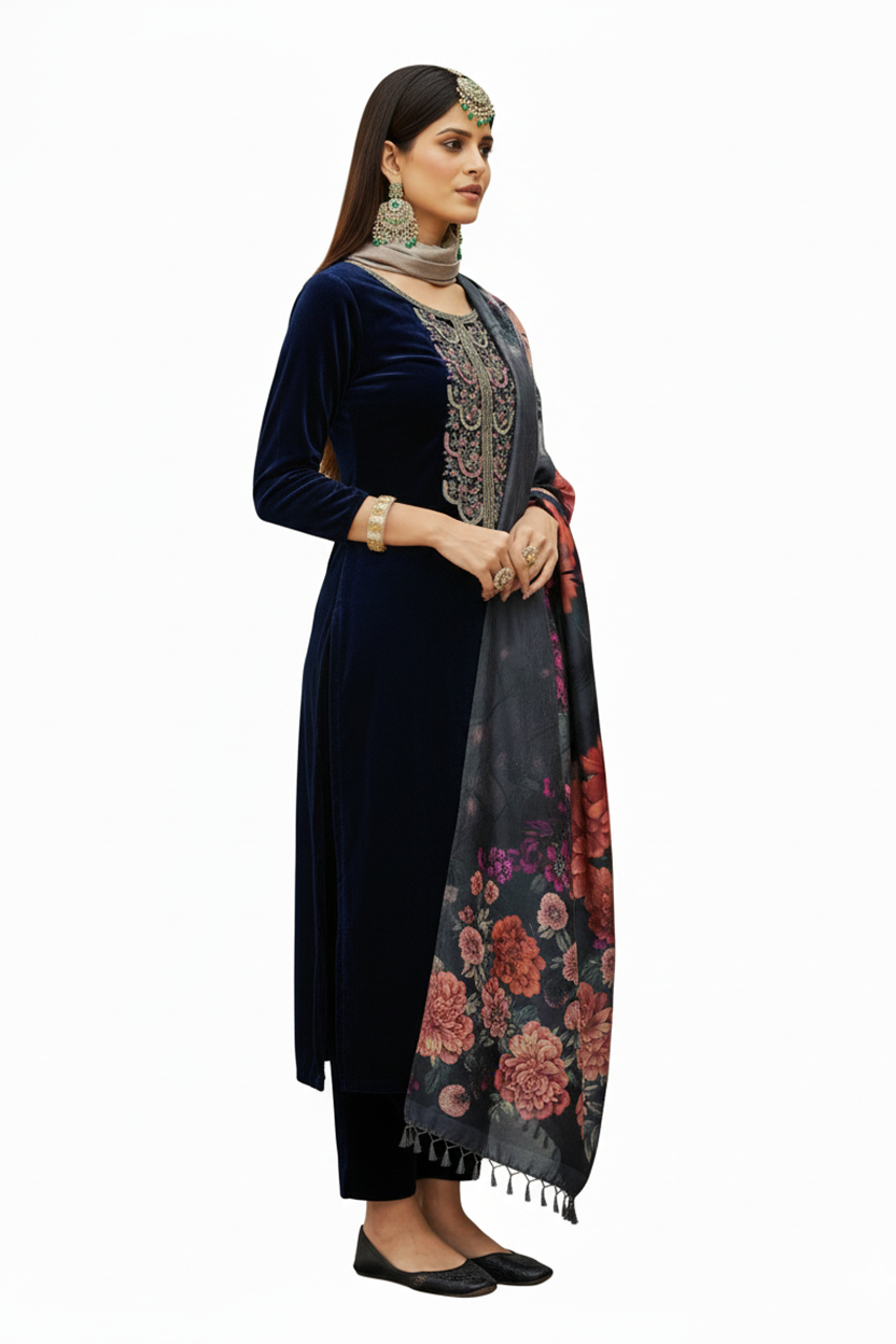 Luxury Navy Blue Velvet Suit with Heavy Multi-Color Digital Floral Print Shawl