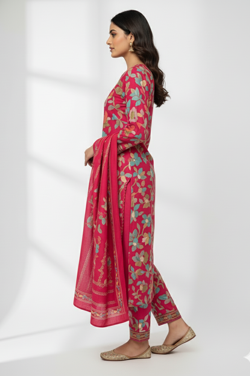 Vibrant Fuchsia Pink Multi-Color Floral Print Suit with Detailed Borders