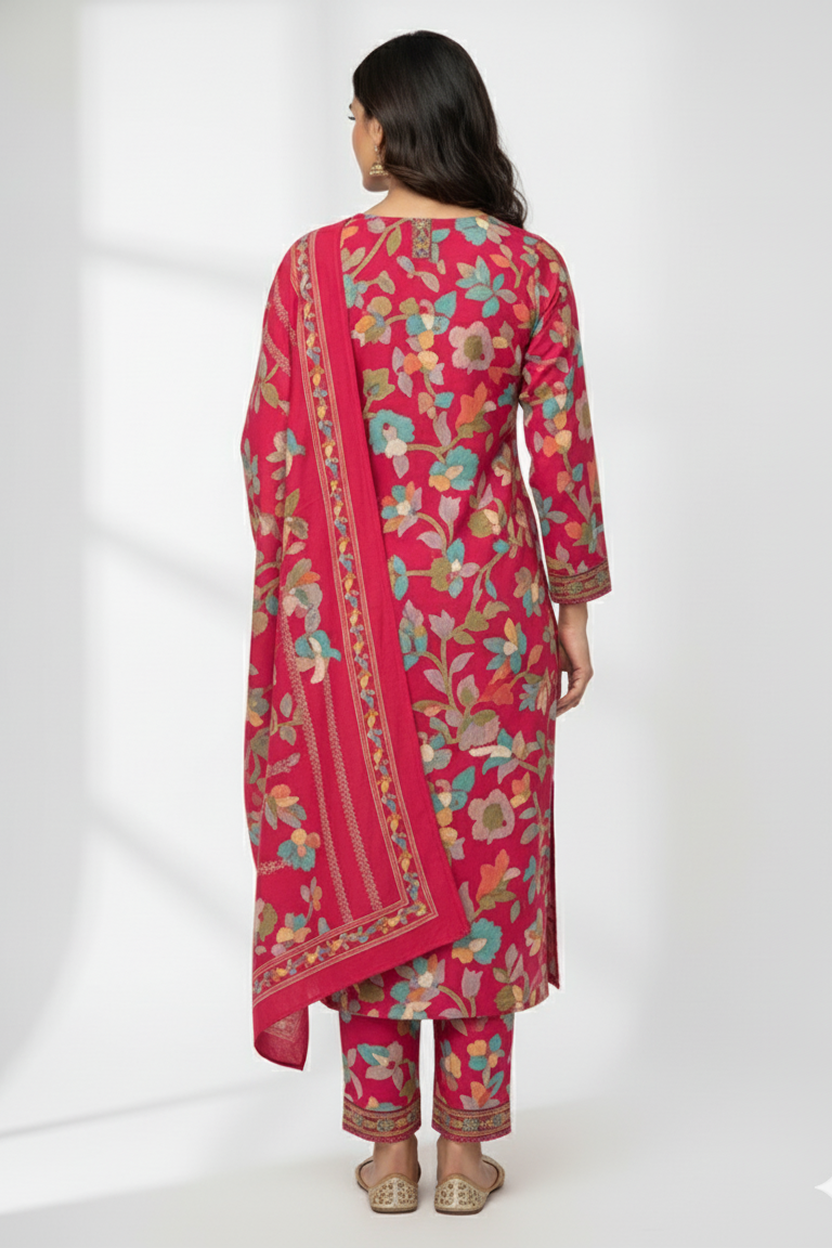 Vibrant Fuchsia Pink Multi-Color Floral Print Suit with Detailed Borders