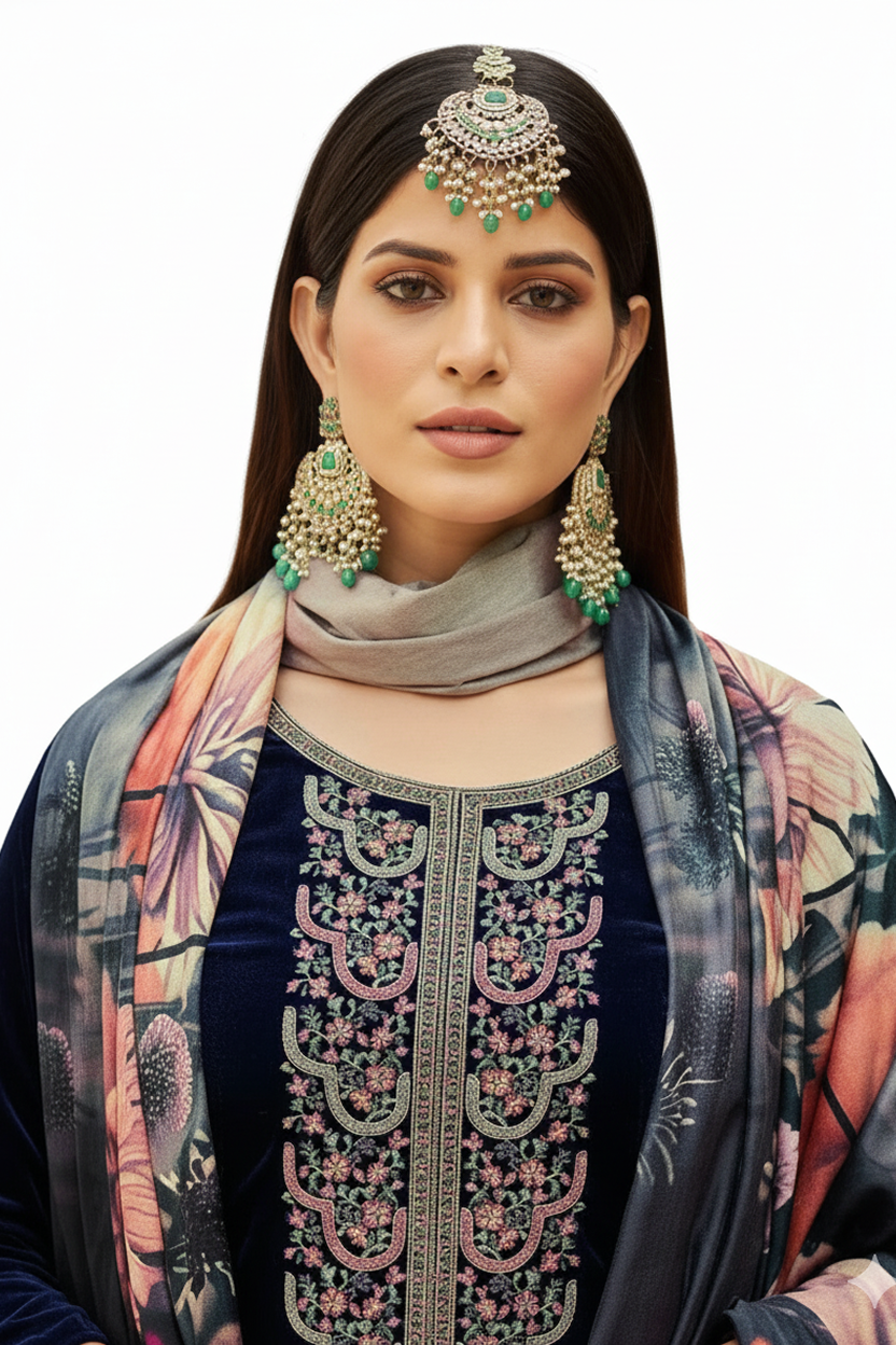 Luxury Navy Blue Velvet Suit with Heavy Multi-Color Digital Floral Print Shawl
