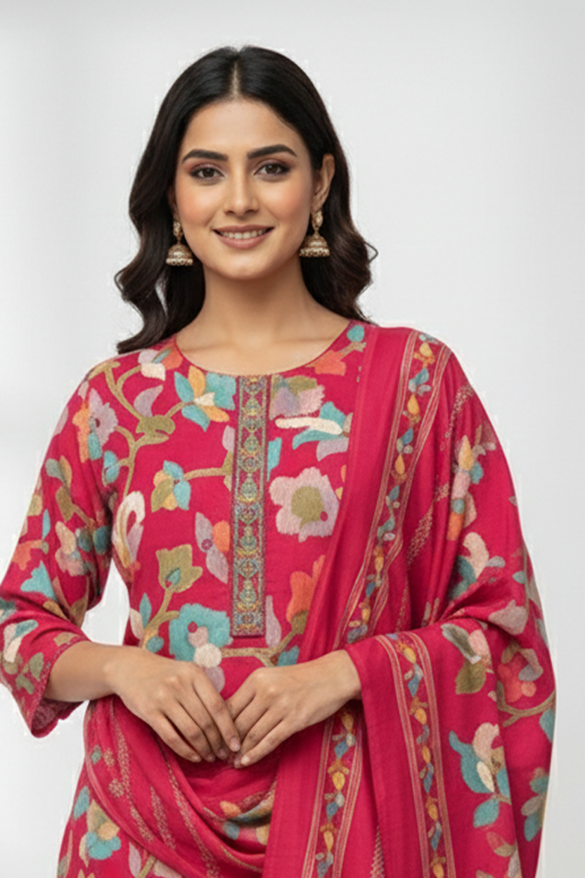 Vibrant Fuchsia Pink Multi-Color Floral Print Suit with Detailed Borders