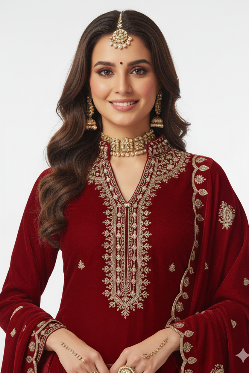 Regal Maroon Velvet Suit with Heavy Gold Zari Embroidery and Scalloped Hem