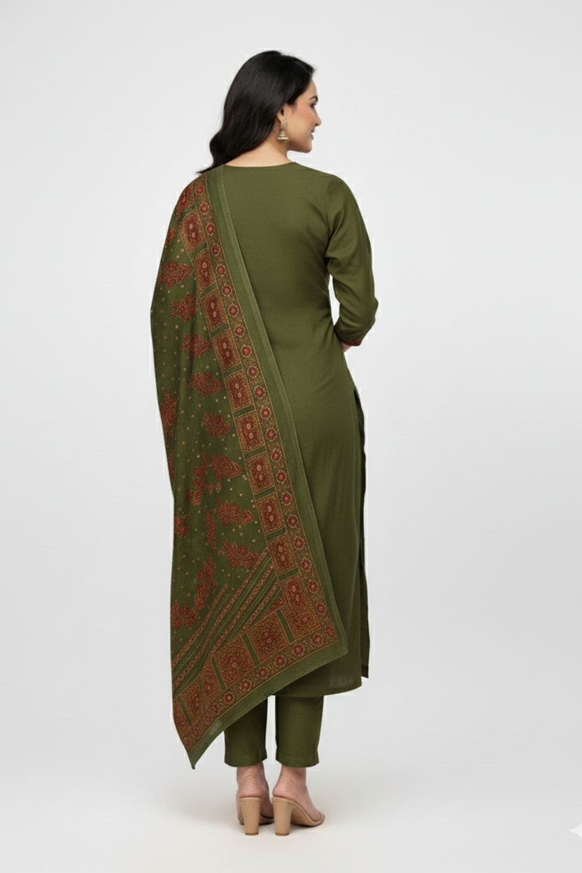 Elegant Olive Green Printed Winter Kurta Set with Rust Accents
