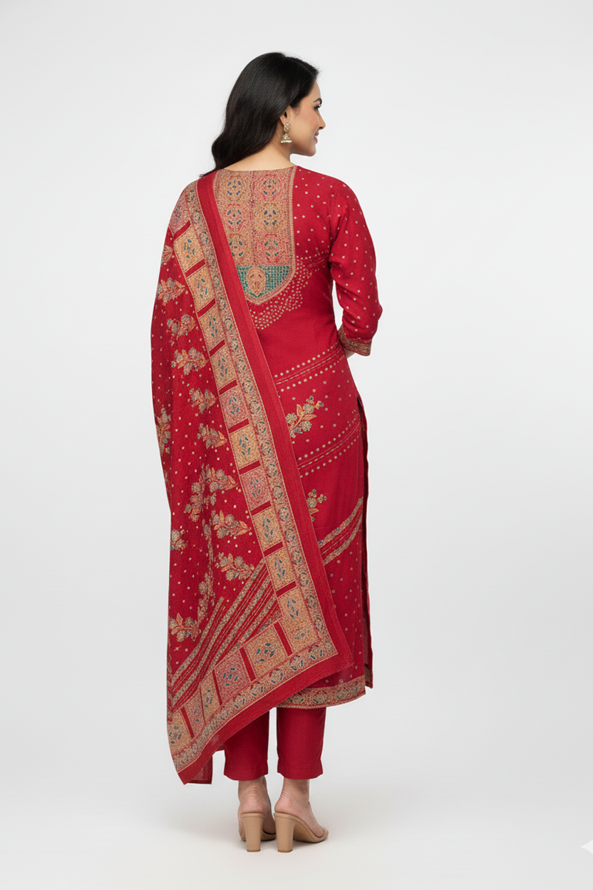 Vibrant Crimson Red Winter Kurta Set with Traditional Print Borders