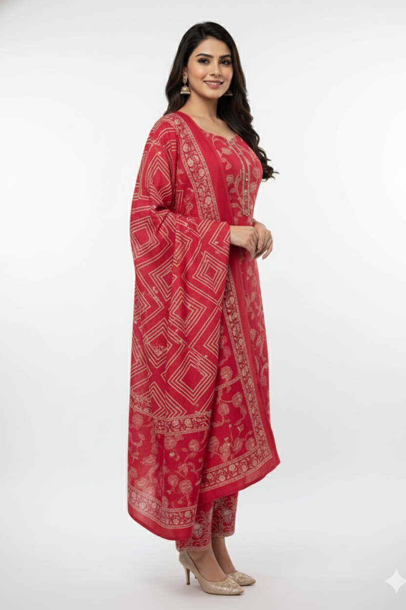 Vibrant Red and Gold Foil Printed Kurta Set with Dupatta