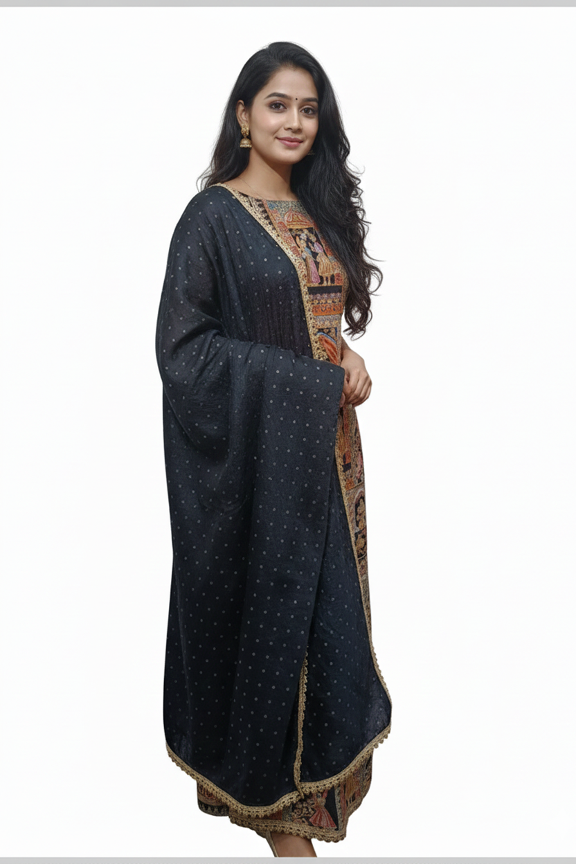 Elegant Black Suit with Multi-Color Miniature Art Print and Gold Border