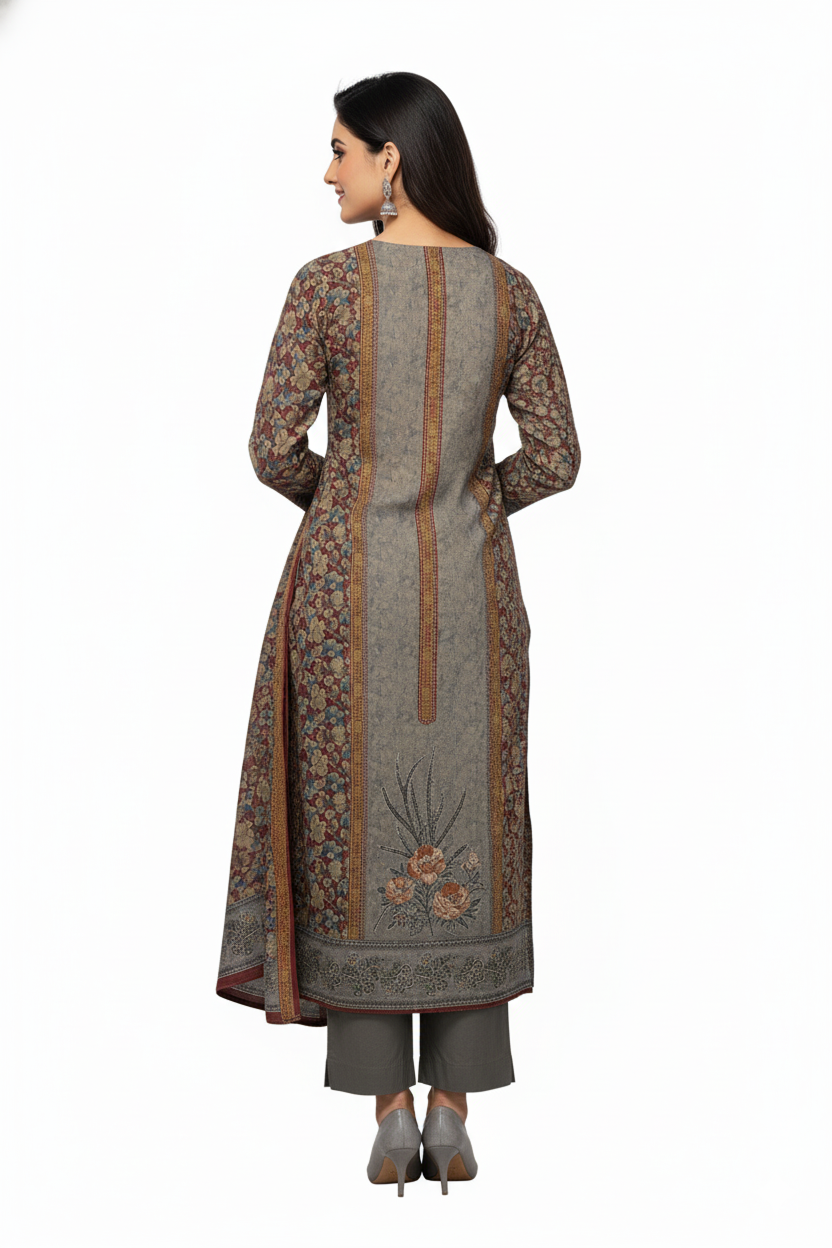 Earthy Taupe and Rust Floral Printed Winter Kurta Set