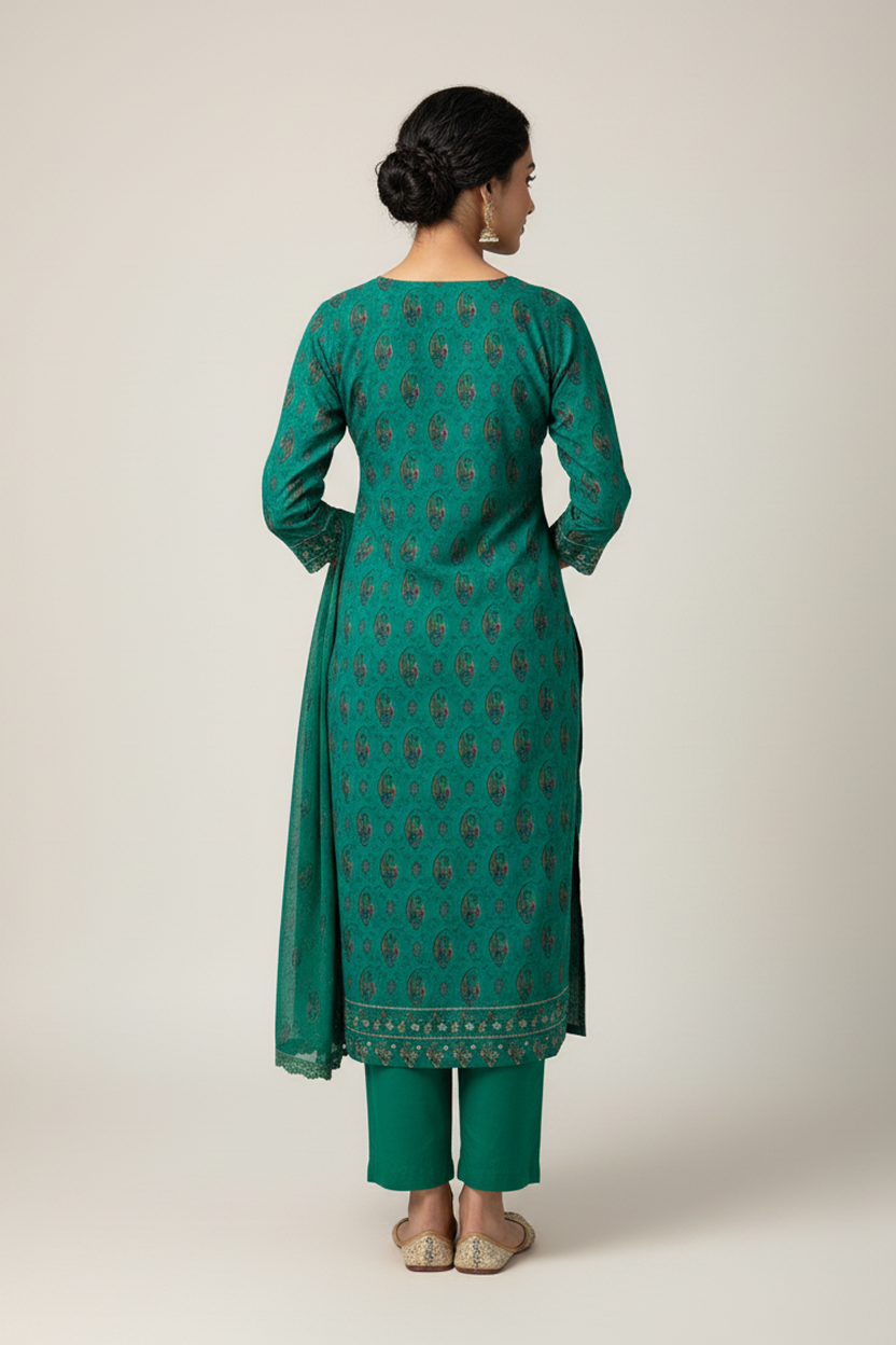 Rich Emerald Green Paisley Print Suit with Embroidered Neckline