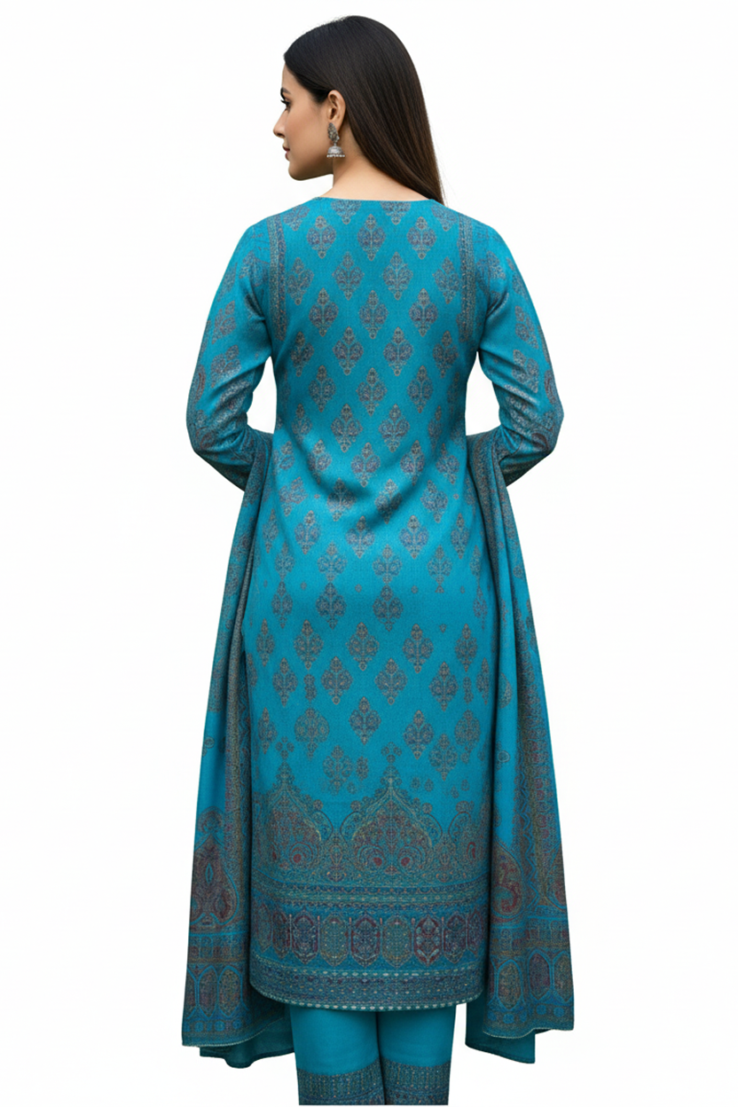 Vibrant Teal Blue Printed Suit with Ethnic Jaal Motif and Pashmina Style Dupatta