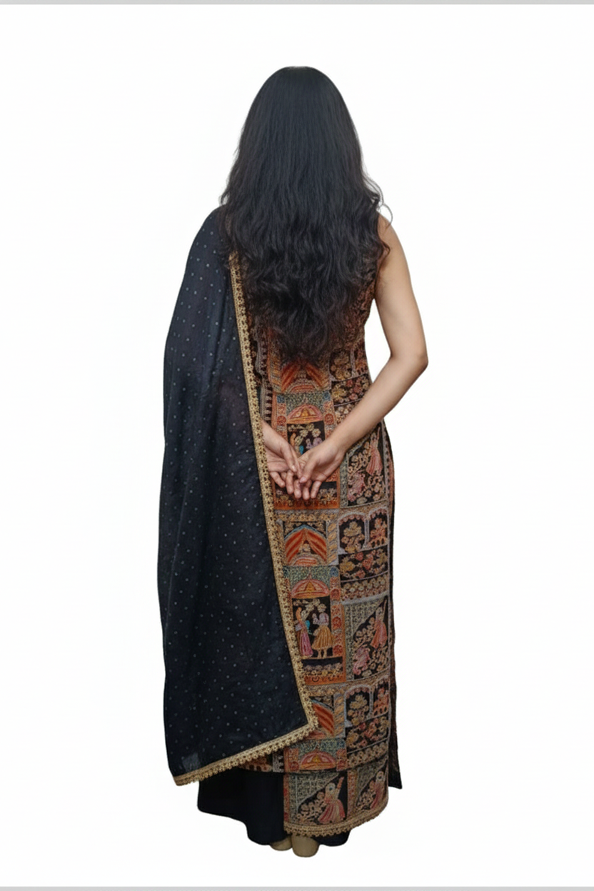 Elegant Black Suit with Multi-Color Miniature Art Print and Gold Border