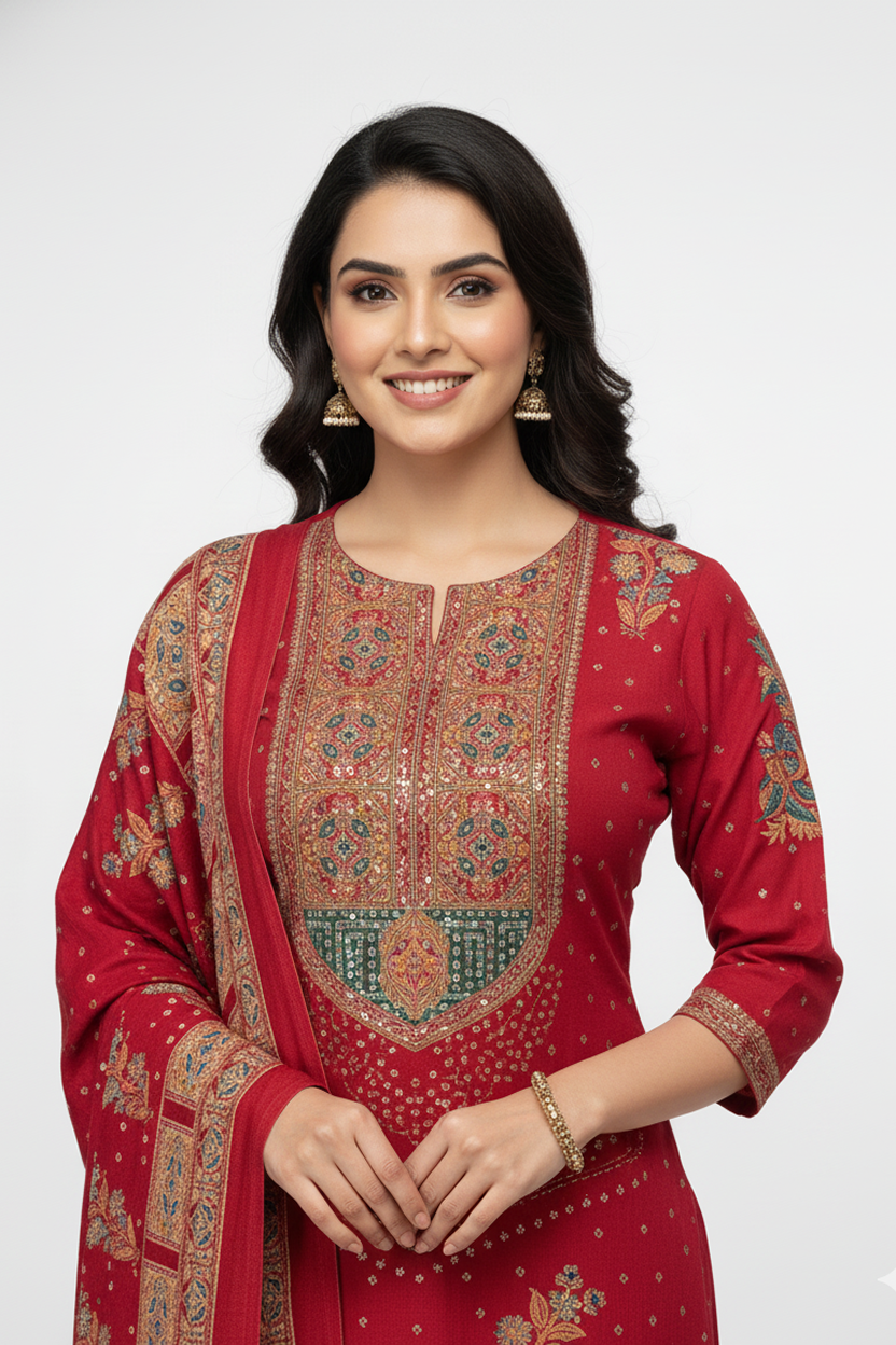 Vibrant Crimson Red Winter Kurta Set with Traditional Print Borders