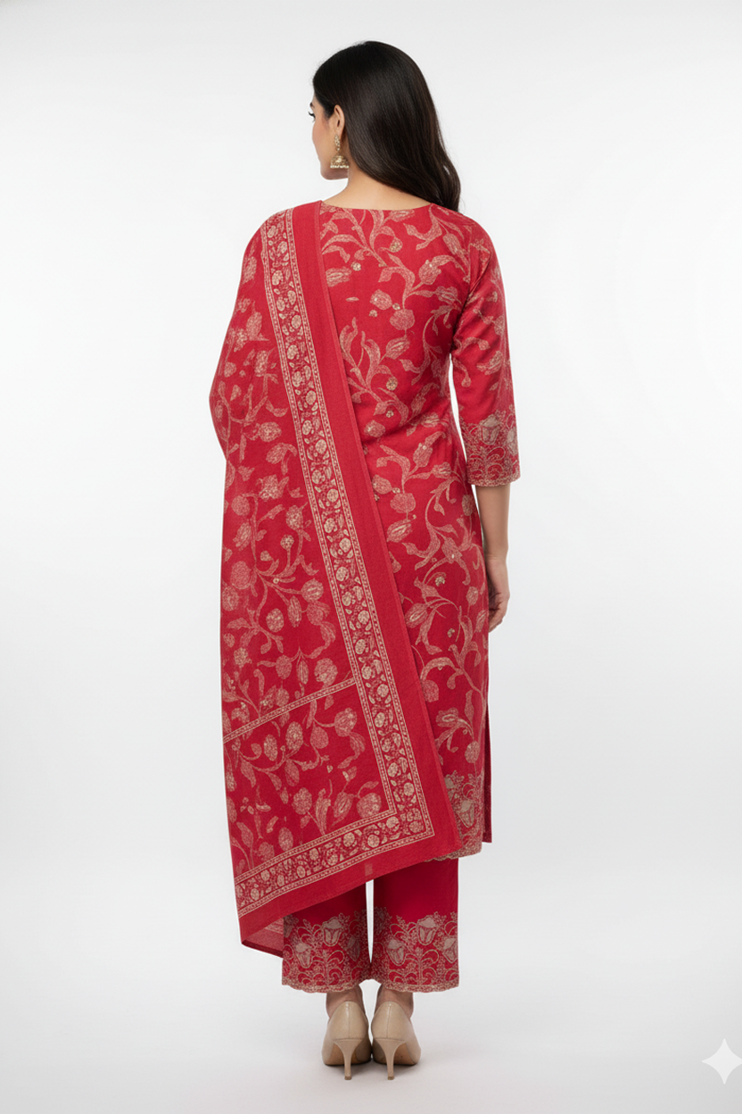 Vibrant Red and Gold Foil Printed Kurta Set with Dupatta