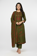Elegant Olive Green Printed Winter Kurta Set with Rust Accents