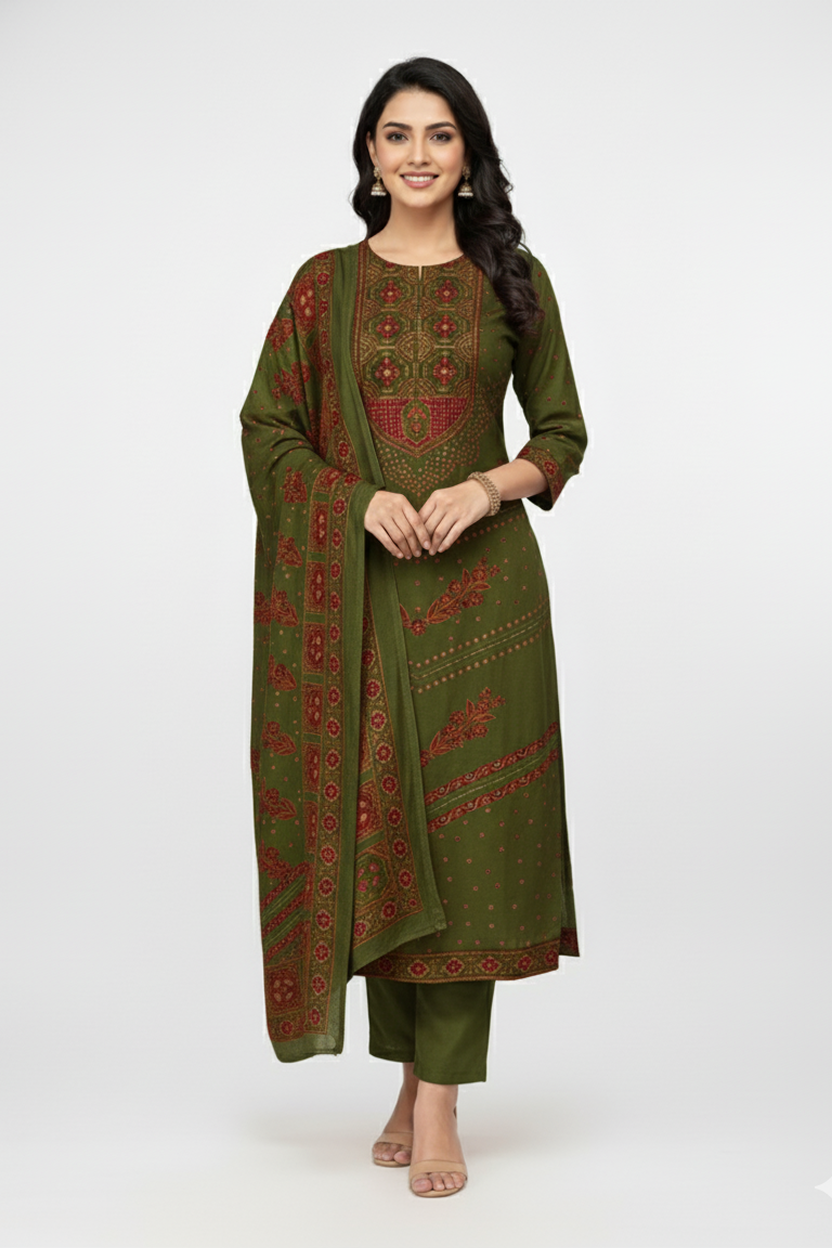 Elegant Olive Green Printed Winter Kurta Set with Rust Accents