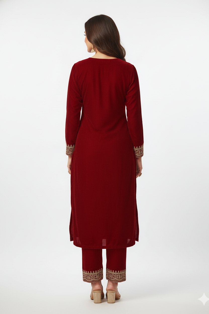 Regal Maroon Velvet Suit with Heavy Gold Zari Embroidery and Scalloped Hem