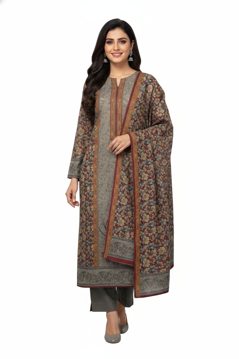 Earthy Taupe and Rust Floral Printed Winter Kurta Set