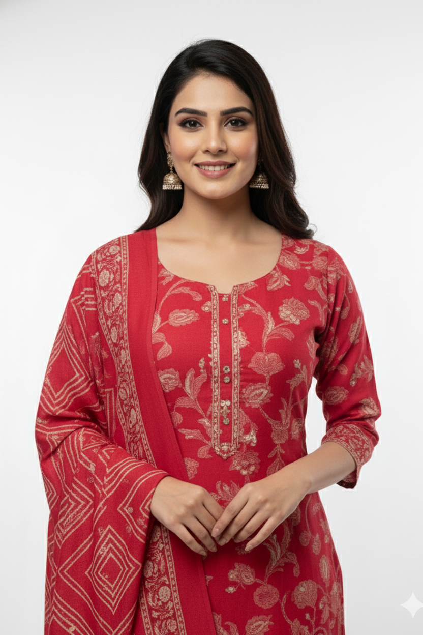 Vibrant Red and Gold Foil Printed Kurta Set with Dupatta