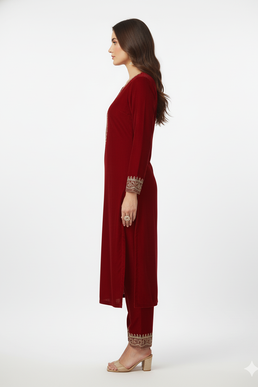 Regal Maroon Velvet Suit with Heavy Gold Zari Embroidery and Scalloped Hem