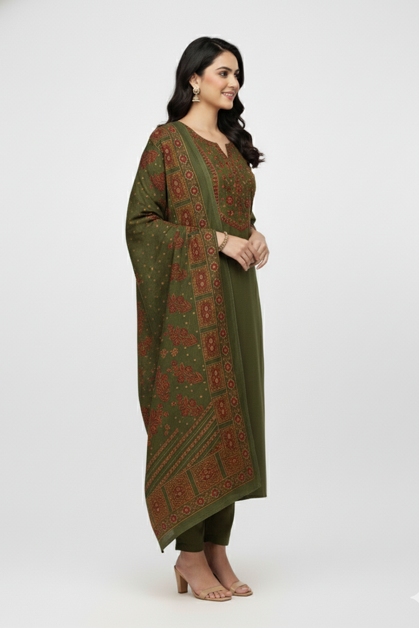 Elegant Olive Green Printed Winter Kurta Set with Rust Accents