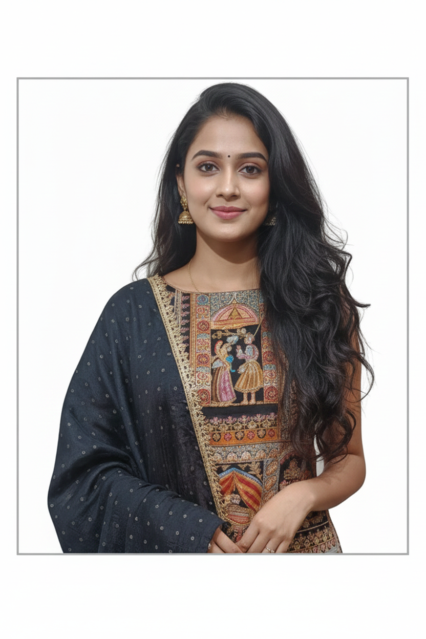 Elegant Black Suit with Multi-Color Miniature Art Print and Gold Border