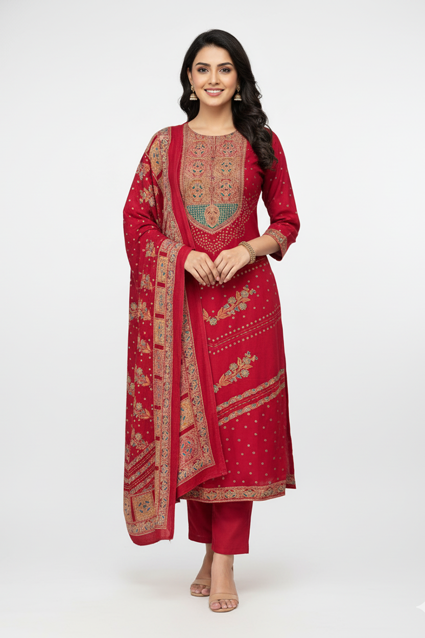 Vibrant Crimson Red Winter Kurta Set with Traditional Print Borders