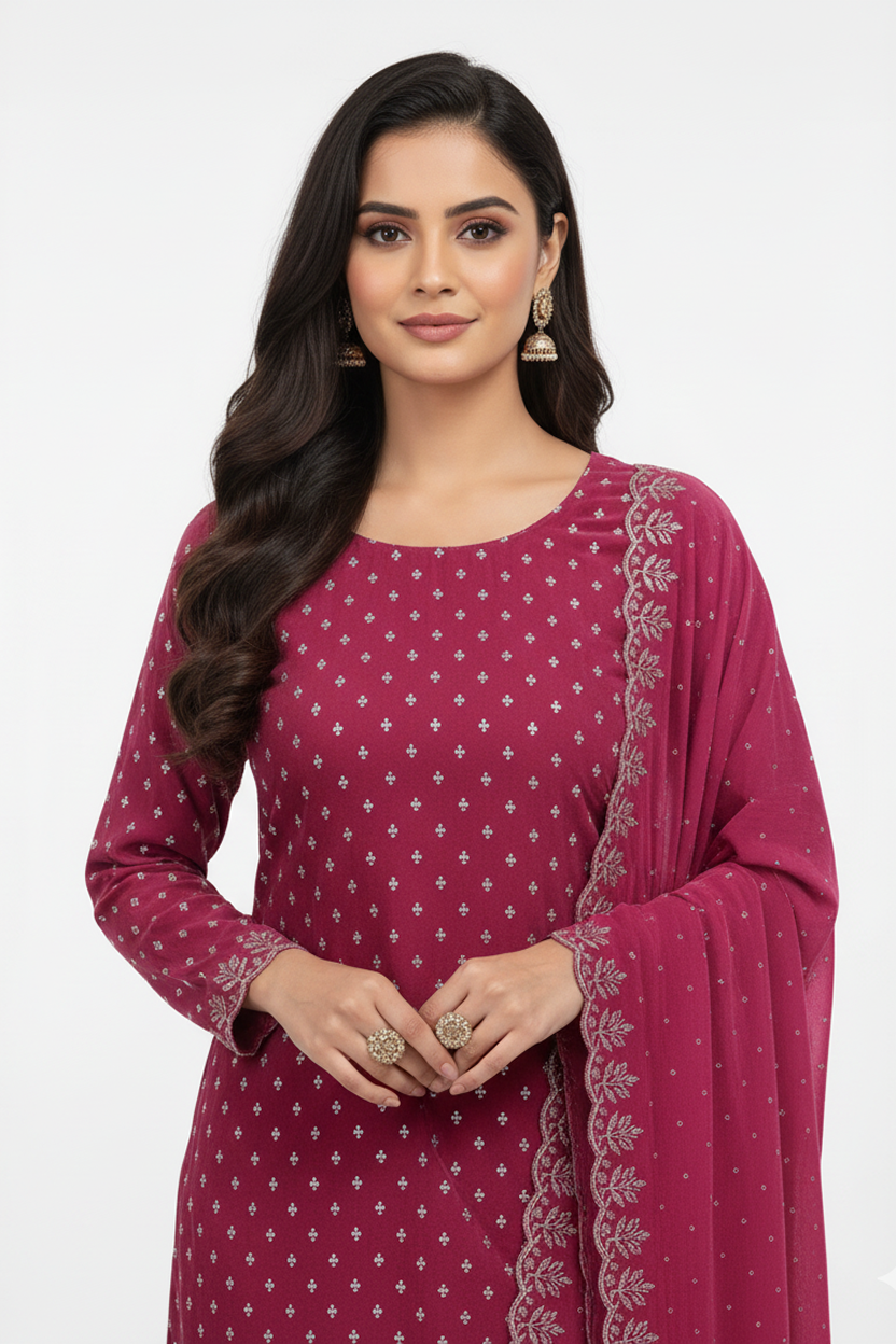 Elegant Wine Pink Suit with Silver Buti Print and Embroidered Border Dupatta