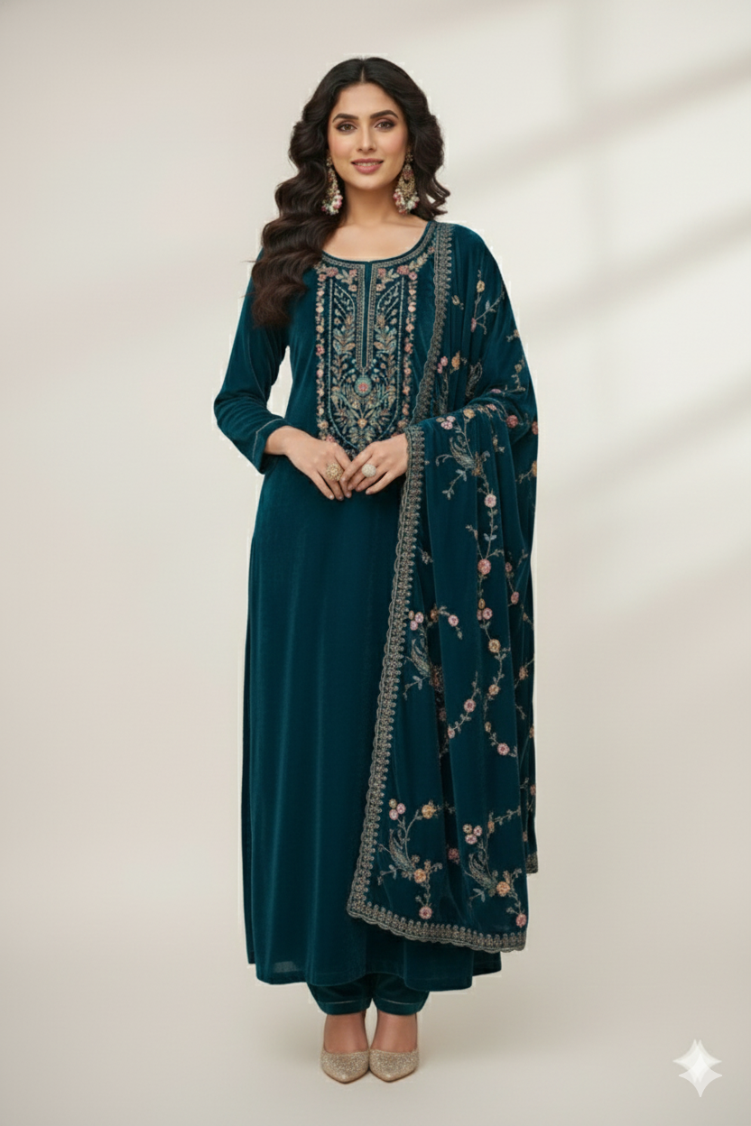 Luxurious Deep Teal Velvet Embroidered Suit Set with Floral Dupatta