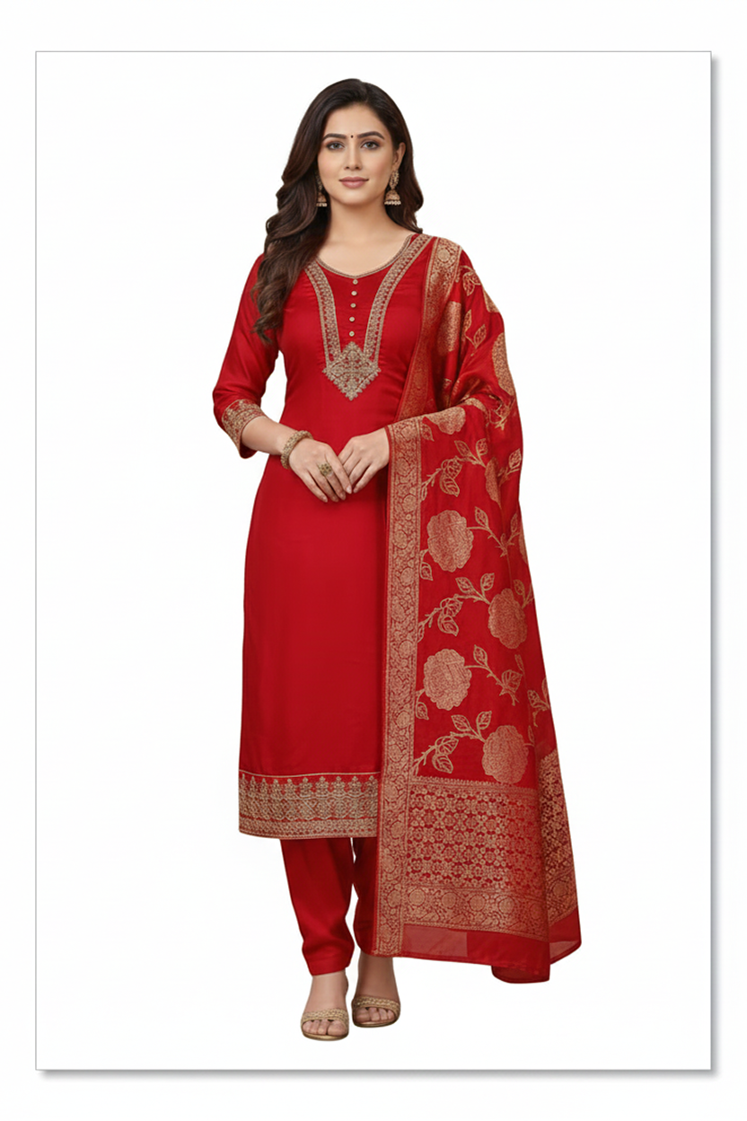 Elegant Ruby Red Suit with Gold Zari Embroidery and Heavy Woven Banarasi Dupatta