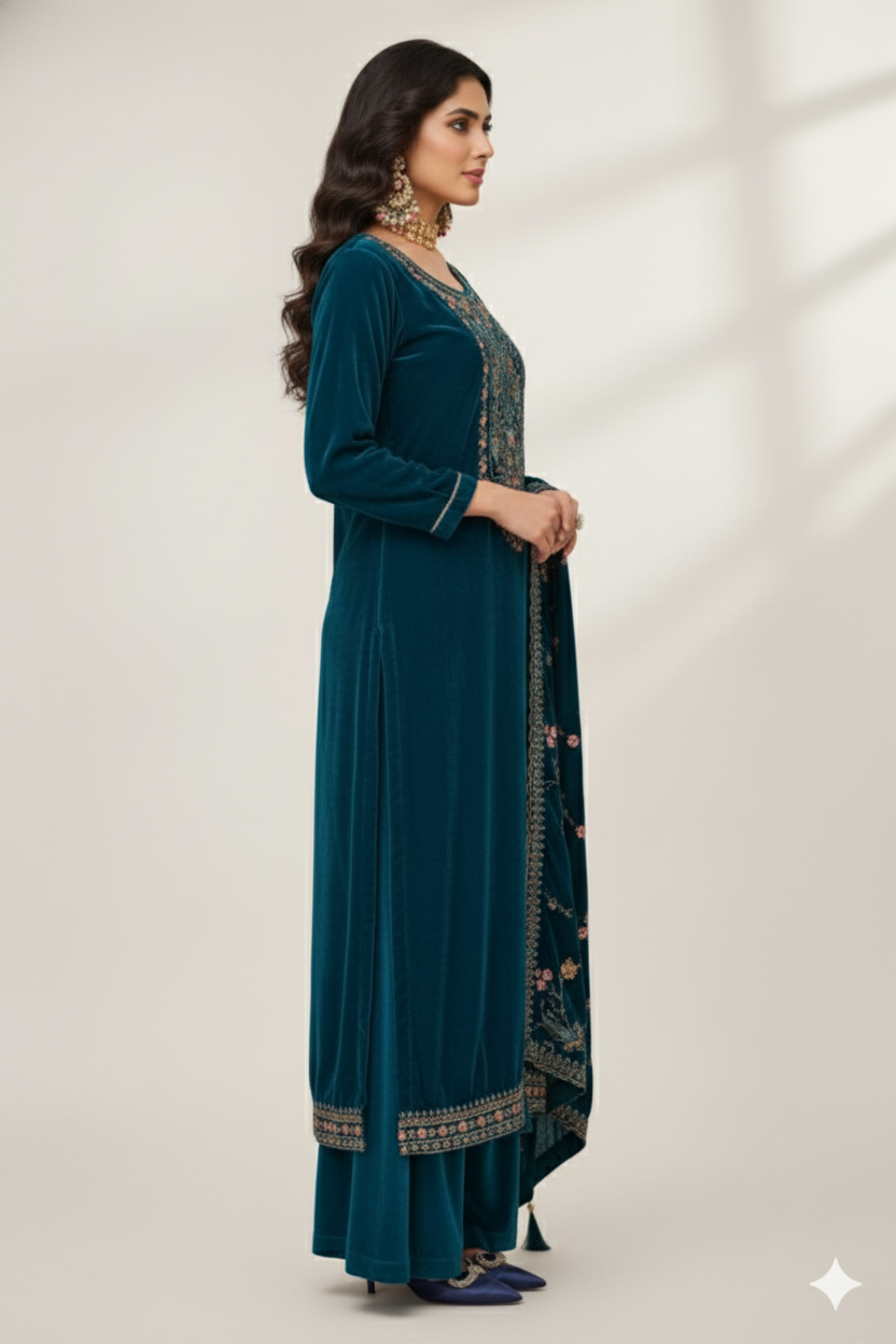 Luxurious Deep Teal Velvet Embroidered Suit Set with Floral Dupatta