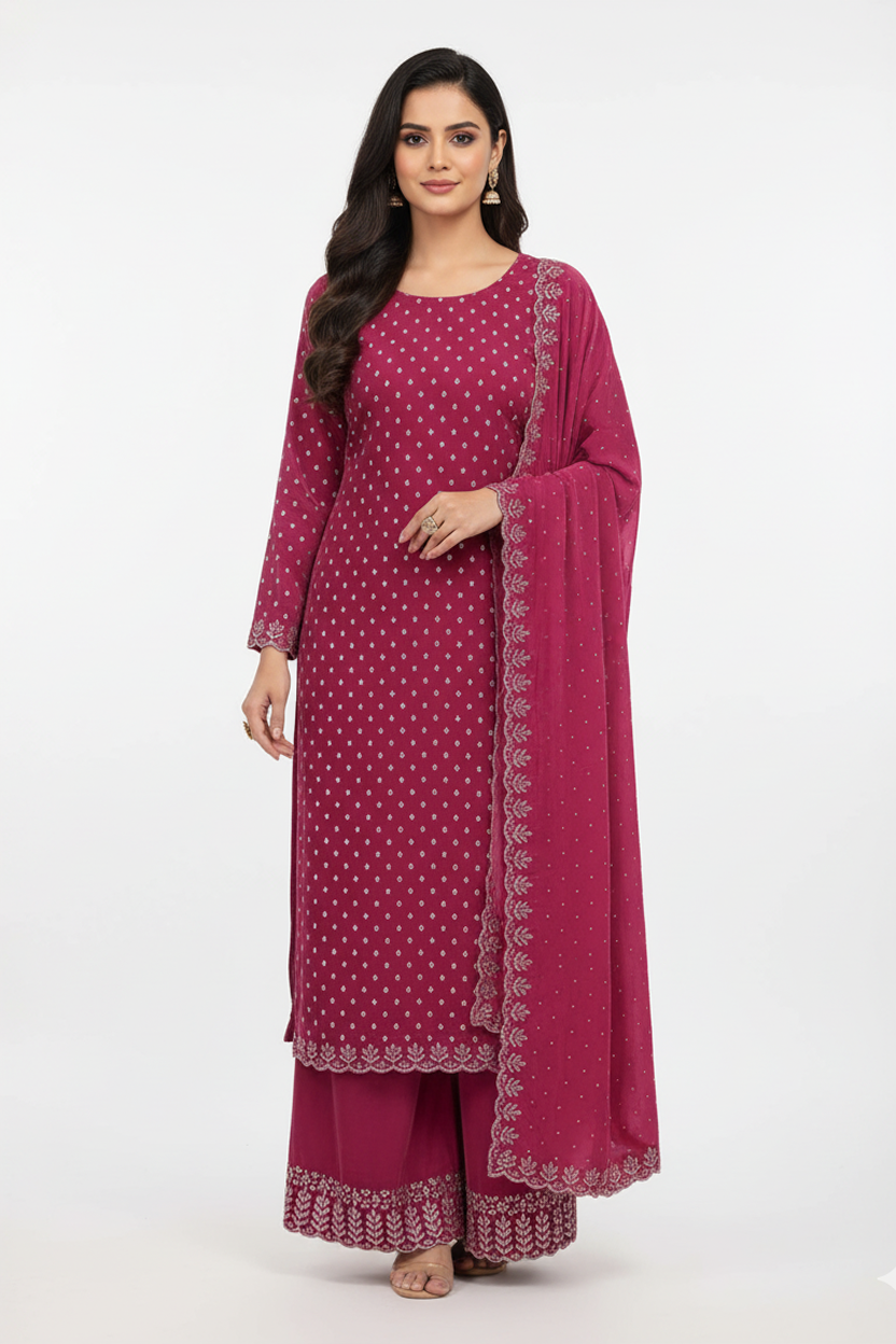 Elegant Wine Pink Suit with Silver Buti Print and Embroidered Border Dupatta