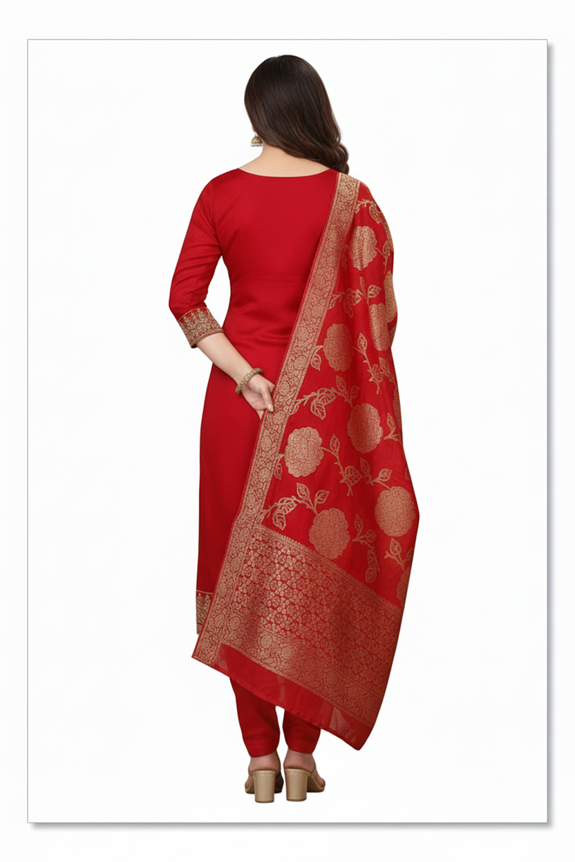 Elegant Ruby Red Suit with Gold Zari Embroidery and Heavy Woven Banarasi Dupatta