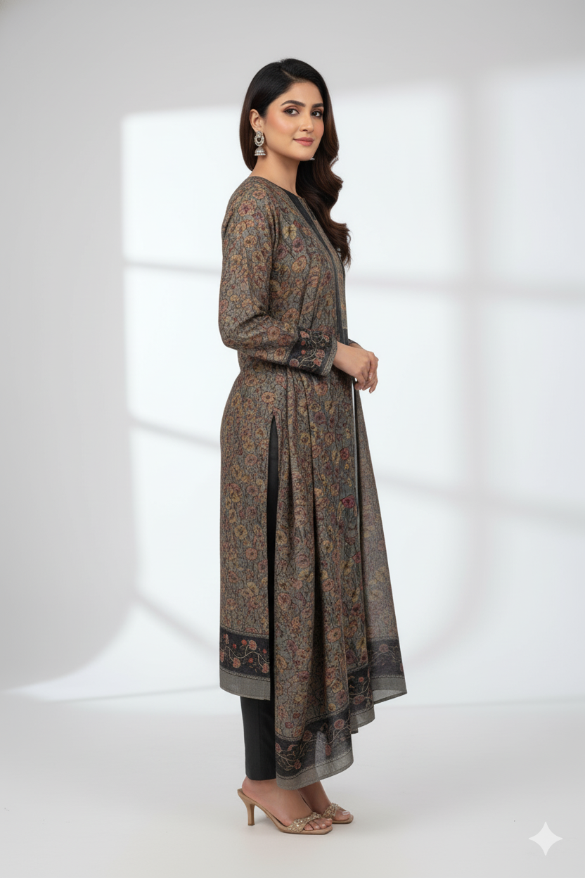 Premium Dark Grey/Black Floral Printed Winter Kurta Set with Shawl
