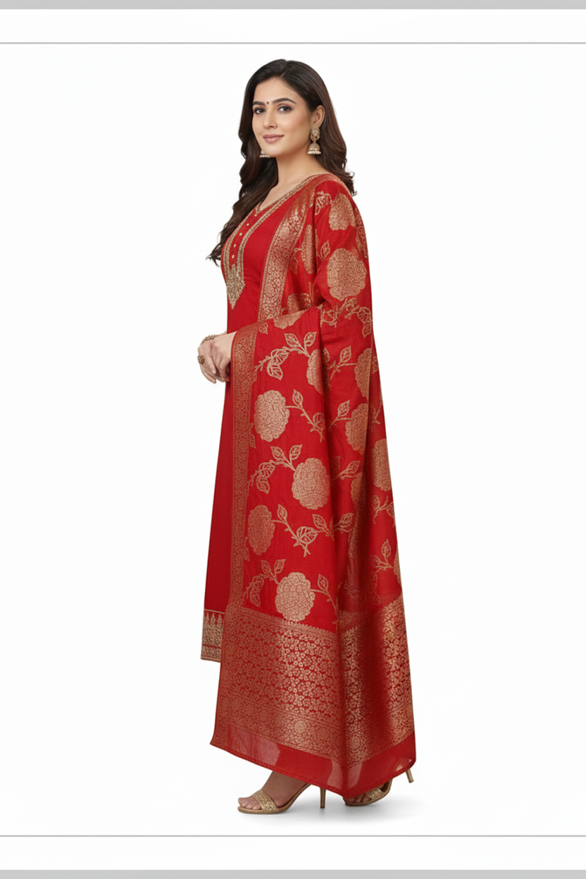 Elegant Ruby Red Suit with Gold Zari Embroidery and Heavy Woven Banarasi Dupatta
