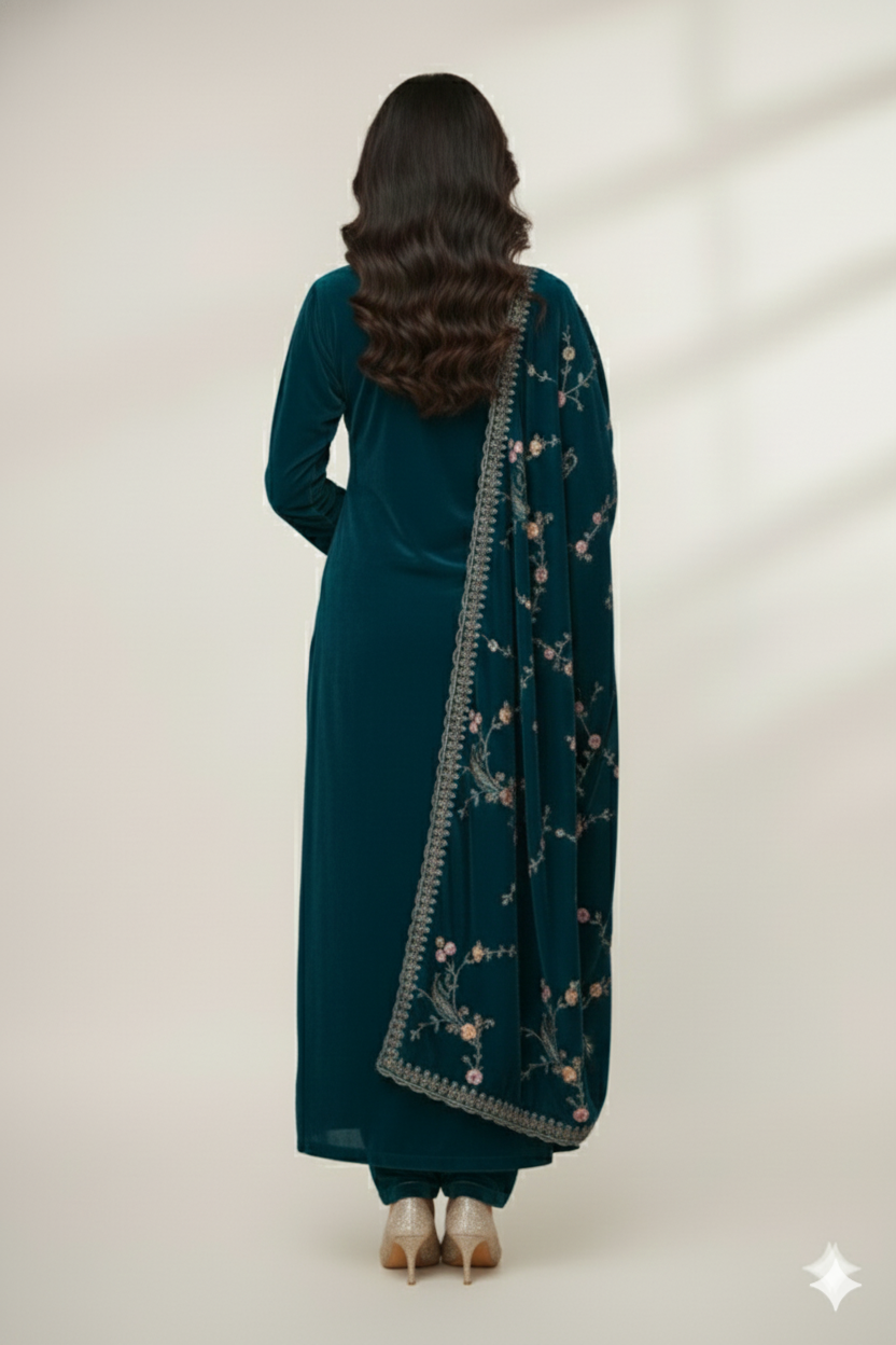 Luxurious Deep Teal Velvet Embroidered Suit Set with Floral Dupatta
