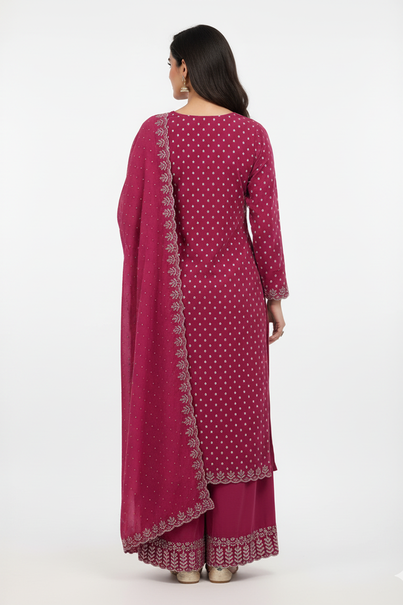 Elegant Wine Pink Suit with Silver Buti Print and Embroidered Border Dupatta