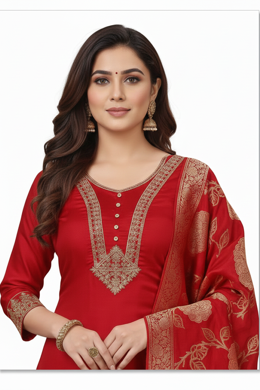 Elegant Ruby Red Suit with Gold Zari Embroidery and Heavy Woven Banarasi Dupatta