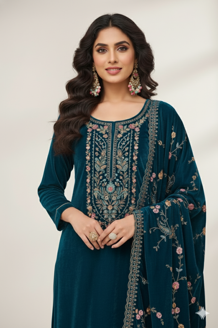Luxurious Deep Teal Velvet Embroidered Suit Set with Floral Dupatta