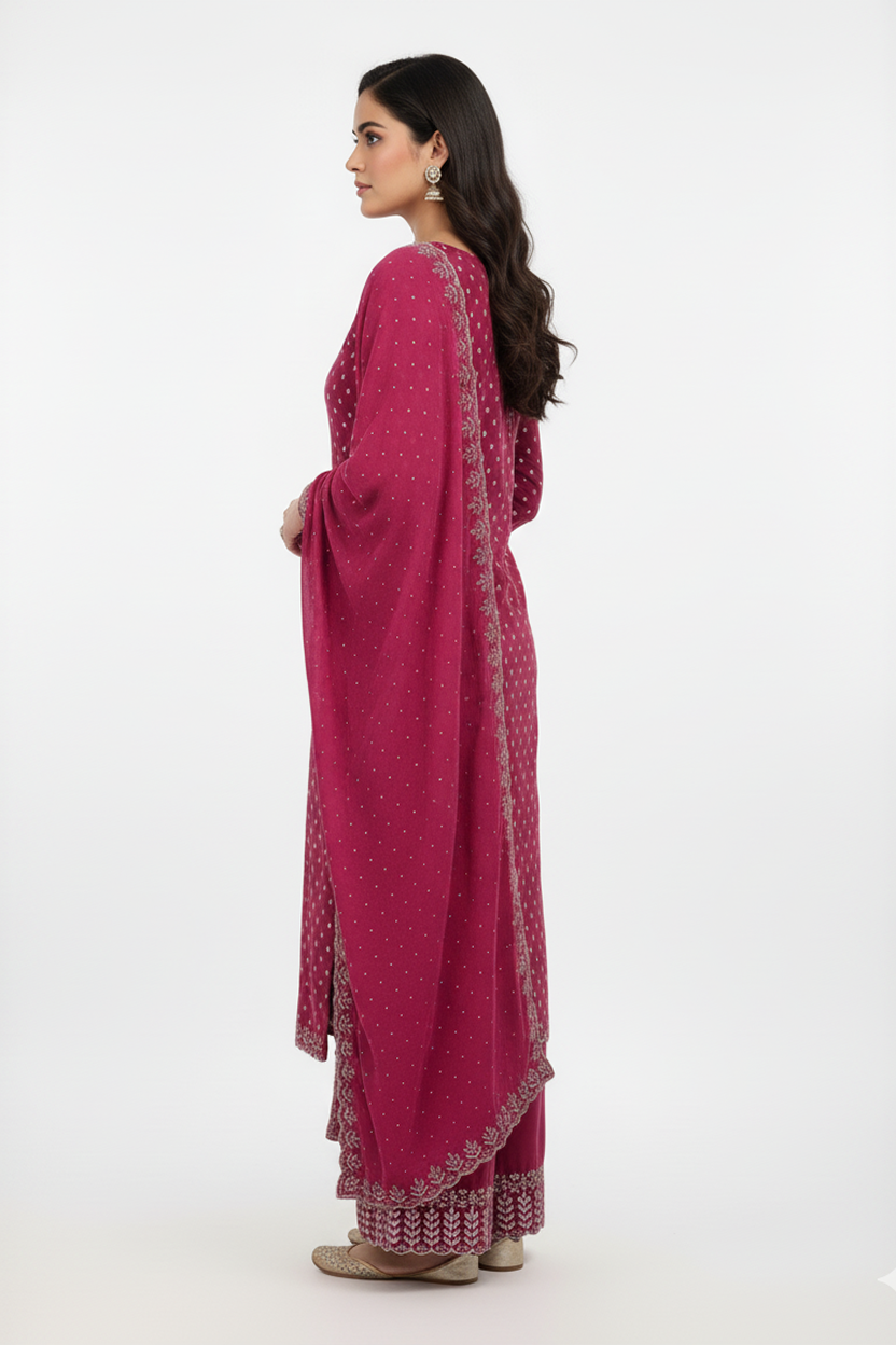 Elegant Wine Pink Suit with Silver Buti Print and Embroidered Border Dupatta