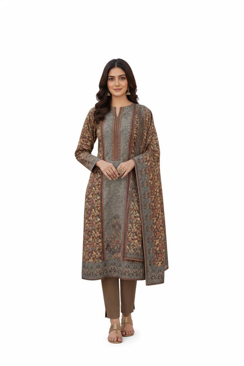 Sophisticated Black and Earth-Toned Floral Printed Winter Suit Set