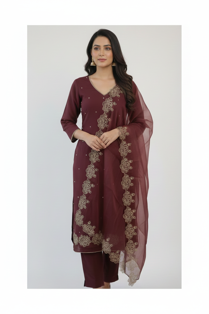 Elegant Wine Maroon Suit with Gold Thread Embroidery and Sheer Dupatta