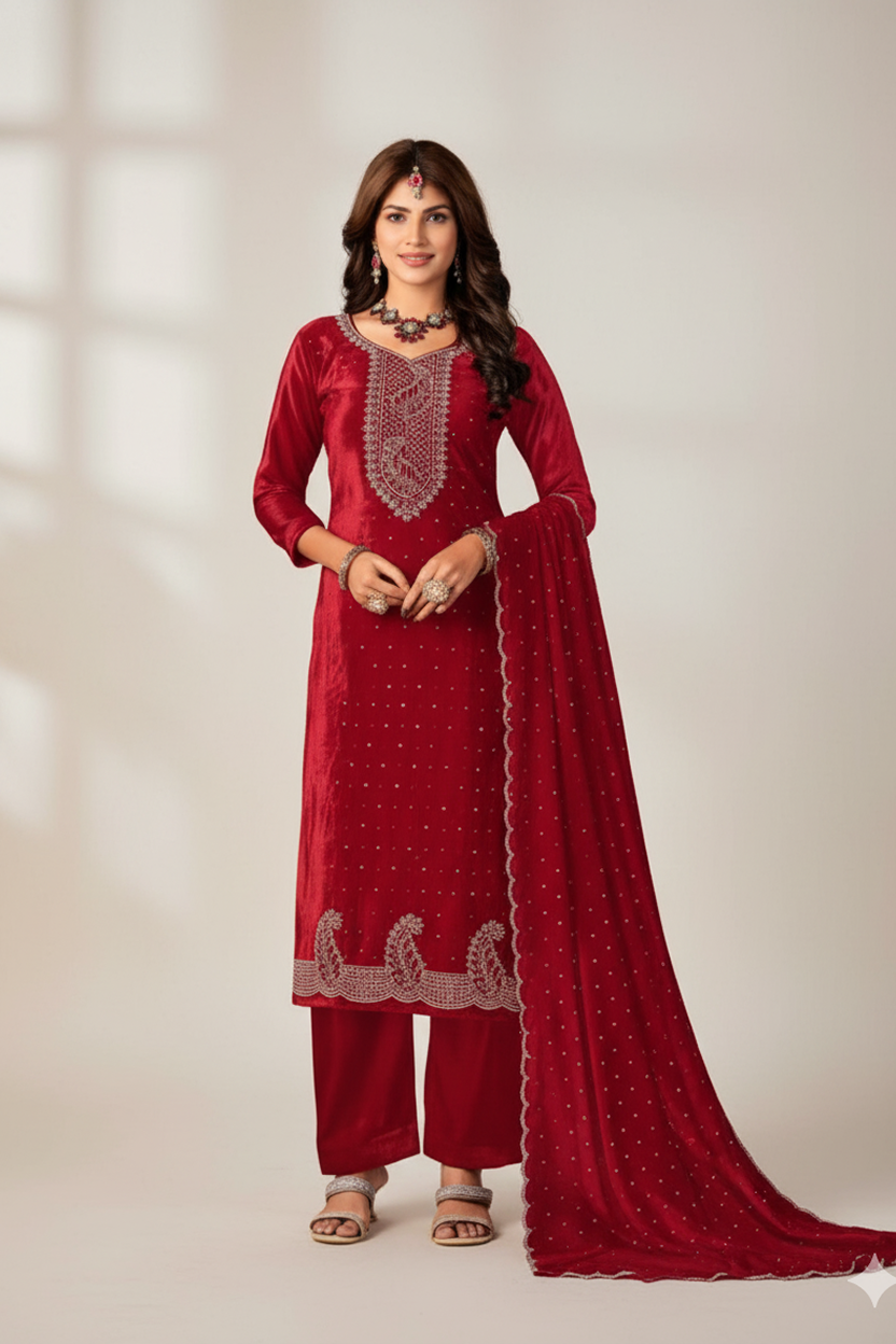 Vibrant Scarlet Red Velvet Suit with Silver Zari Embroidery and Buti Work
